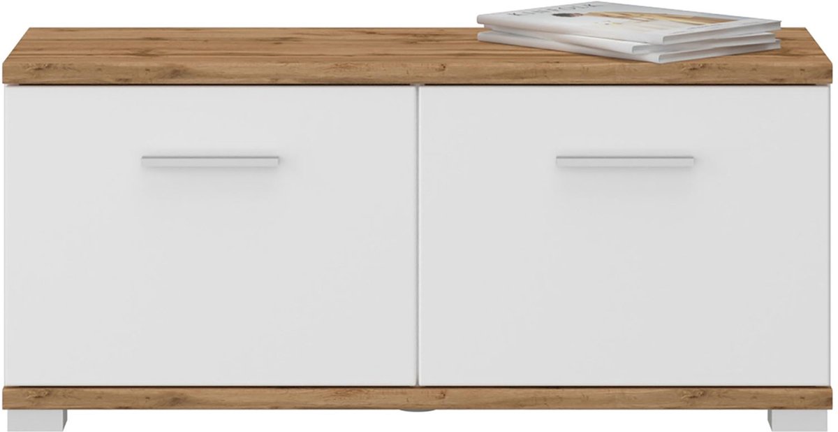 BILBAO bank van MDF/spaanplaat in Wotan eik/wit, met 2 deuren en 4 vakken voor maximaal 8 paar schoenen (4055641956403)