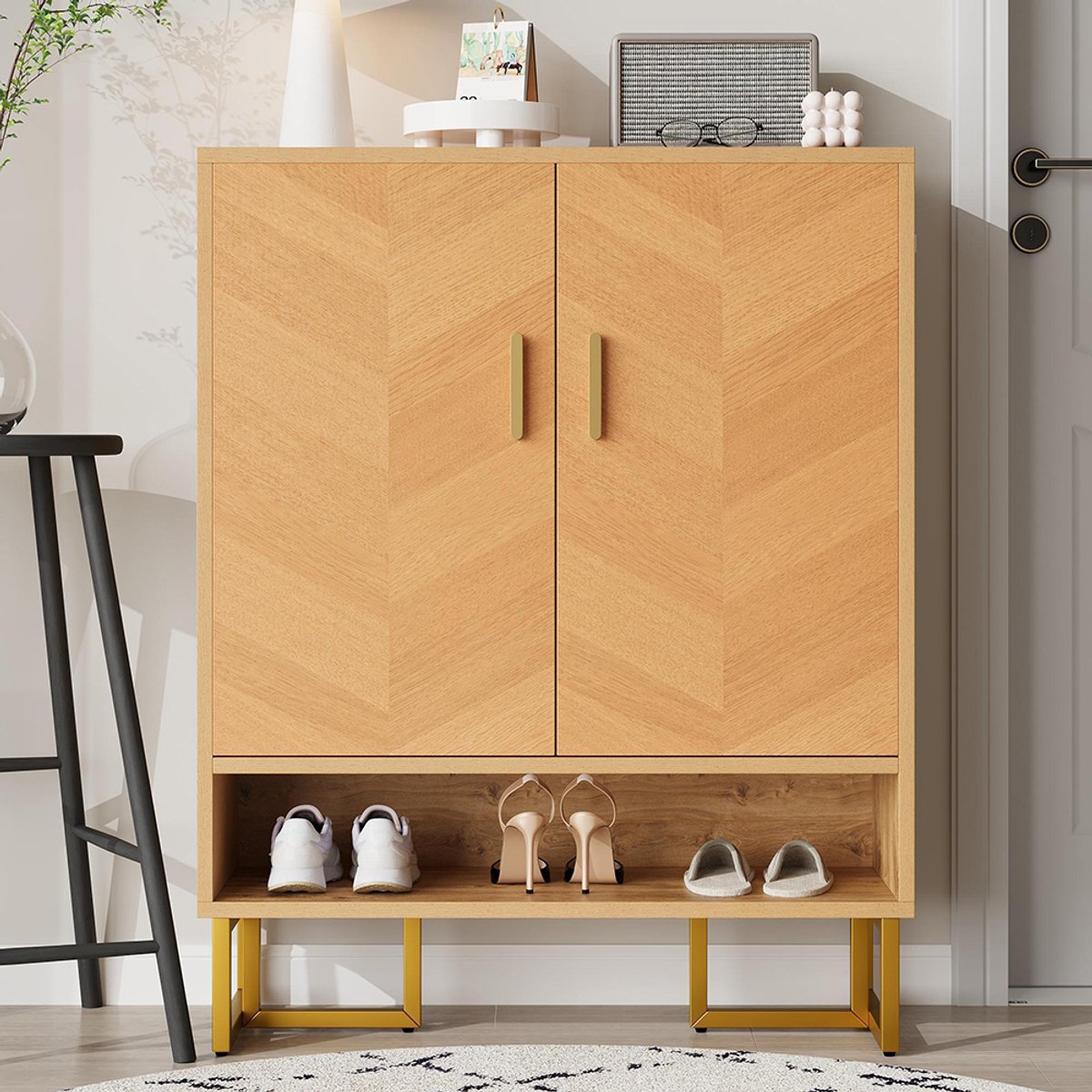 BLACKCOLORS Moderne en minimalistische schoenenkast, unieke houtnerf, goudkleurig ijzeren frame, opbergkast met twee deuren, smalle schoenenkast, schoenenrek, gang (7861452255843)