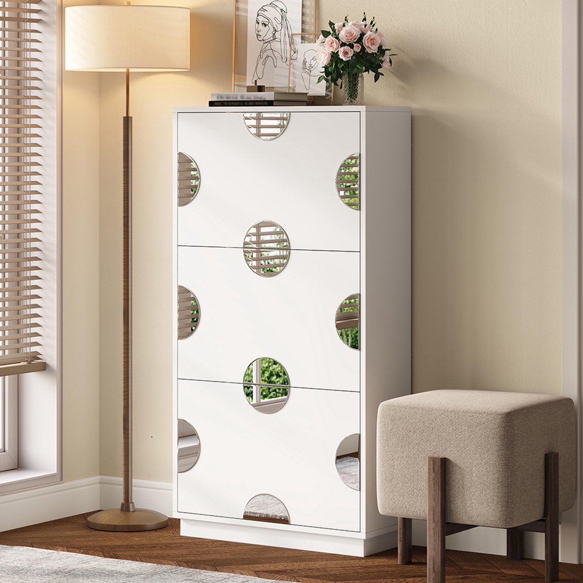 BLACKCOLORS Moderne en unieke witte schoenenkast, schoenenkast met 3 deuren, ronde spiegel, grote opbergruimte, geschikt voor de hal/entree (7861452255812)