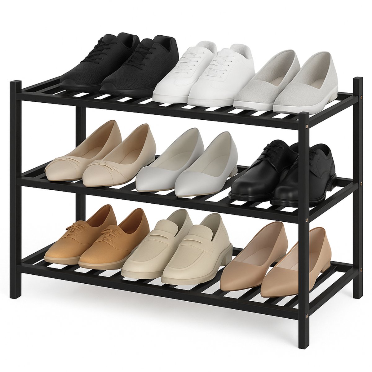 BOTC Schoenenrek - 3 Lagen - 70*28*50cm - Bamboe - In elkaar te stapelen - Praktisch Schoenenrek - Opbergrek - Woonkamer, slaapkamer & hal - Zwart (8721049718610)