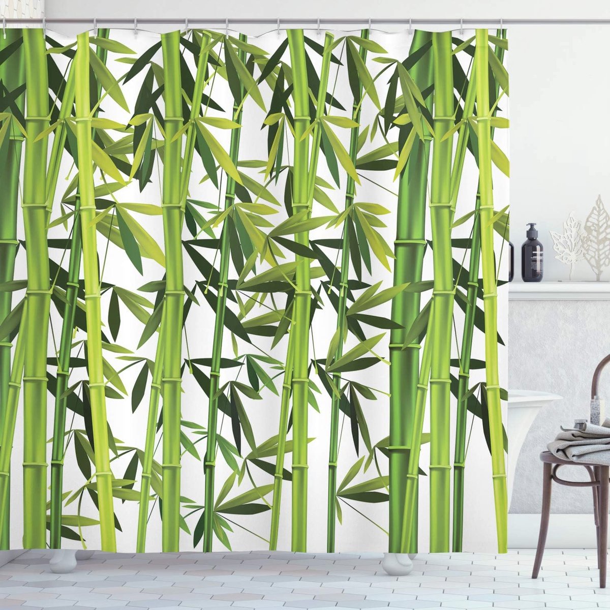Bamboe Douchegordijn met Groene Planten, 175 x 220 cm, Decoratieve Badkamerdecoratie (6152644175164)