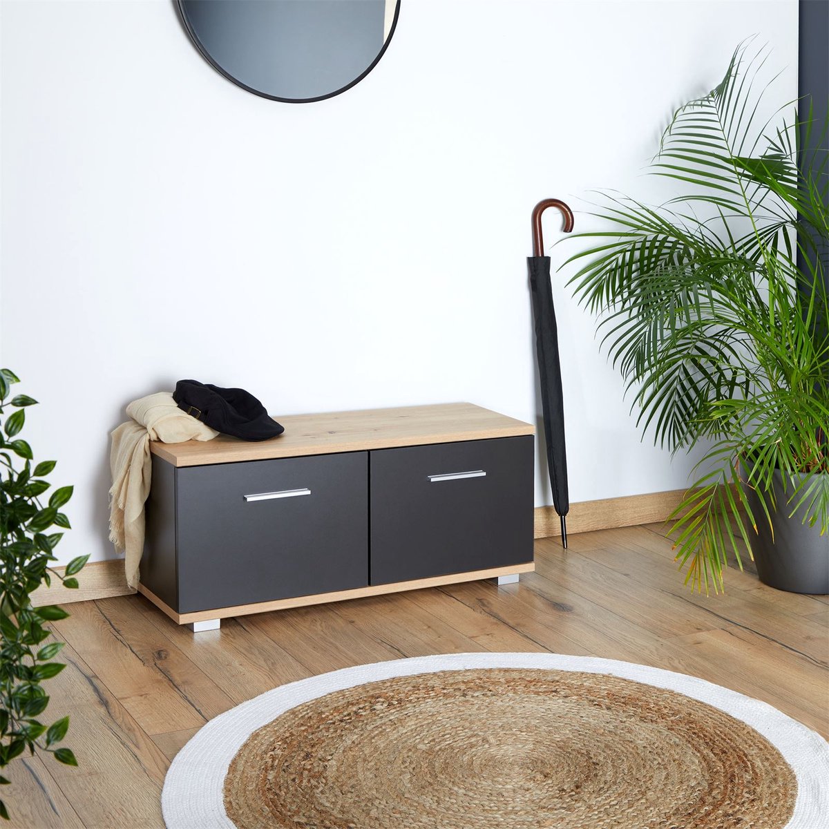 Bank BILBAO met 2 deuren & 4 vakken in Artisan Oak/Cosmos Grey, belastbaar tot 100 kg Schoenrek met zitting Schoenbank Kapstok Gangmeubilair - hoofdafbeelding (4055641961032)