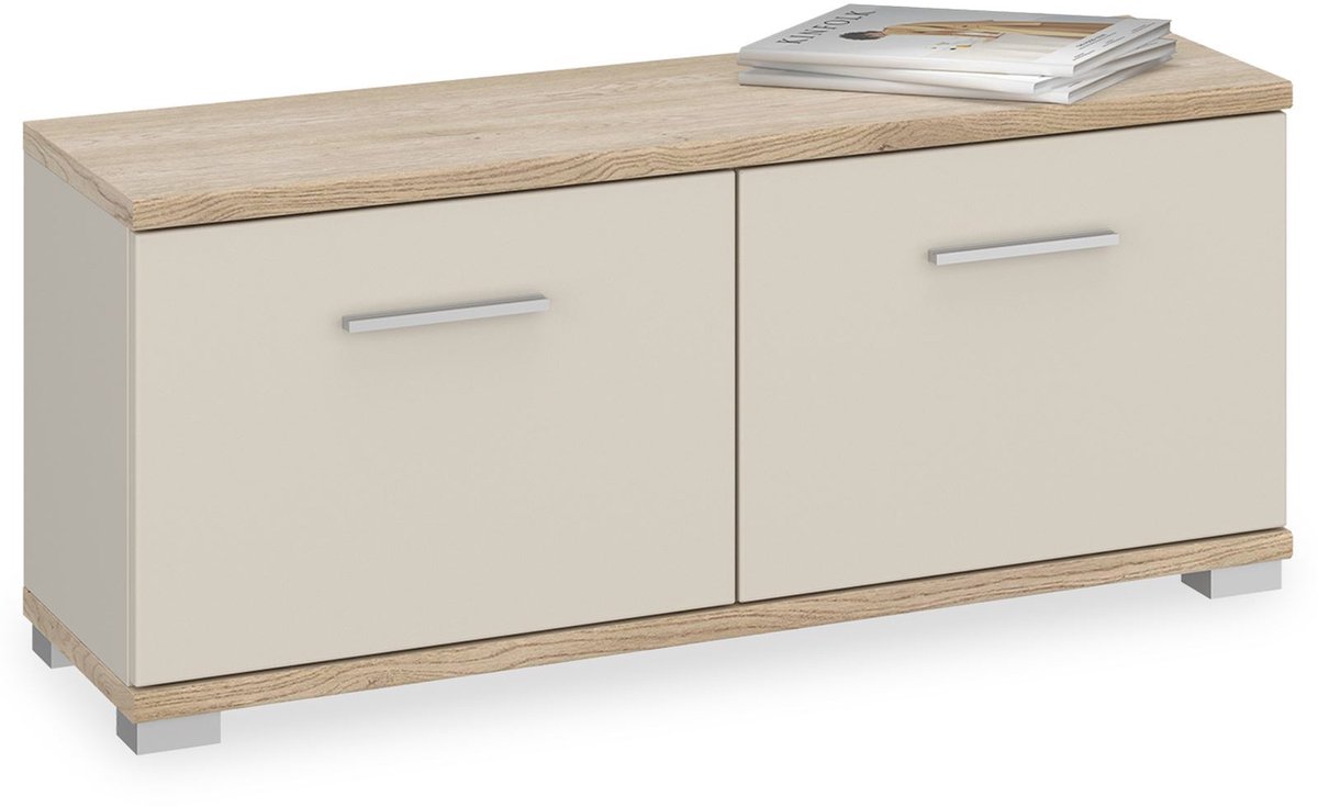 Bank BILBAO met 2 deuren & 4 vakken in WOTAN Cremona eik/kasjmier, belastbaar tot 100 kg Schoenrek met zitje Schoenbank Garderobebank Halmeubelen - Ambiente Frontal (4016787970210)