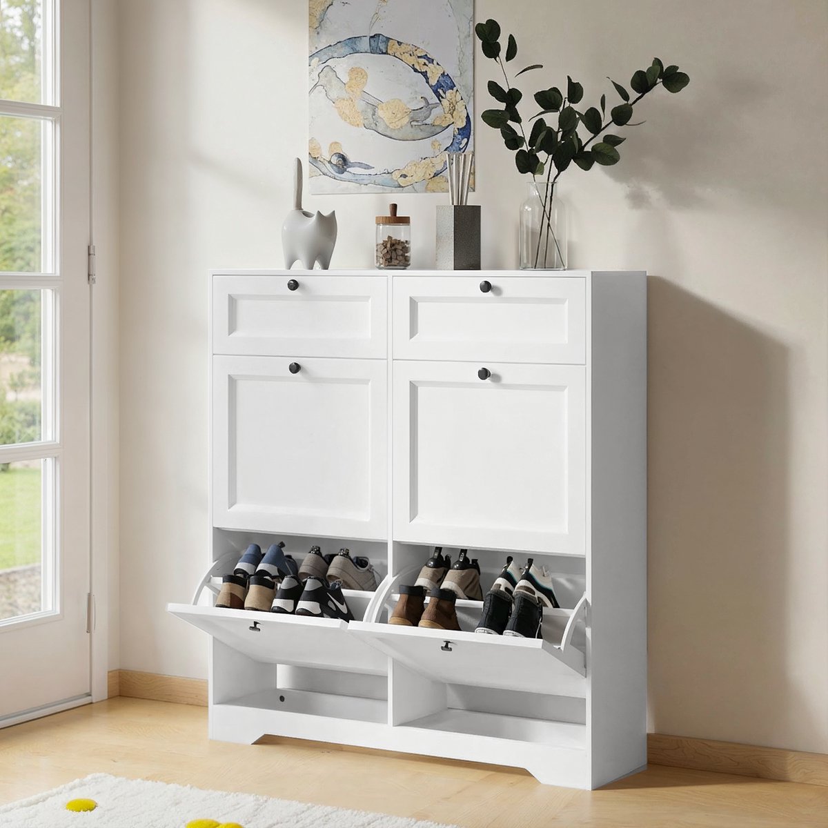 Bealife FS59 Smalle Opvouwbare Schoenenkast - met 4 deuren & 2 laden - 102×95×24 cm - Wit (6973900318060)