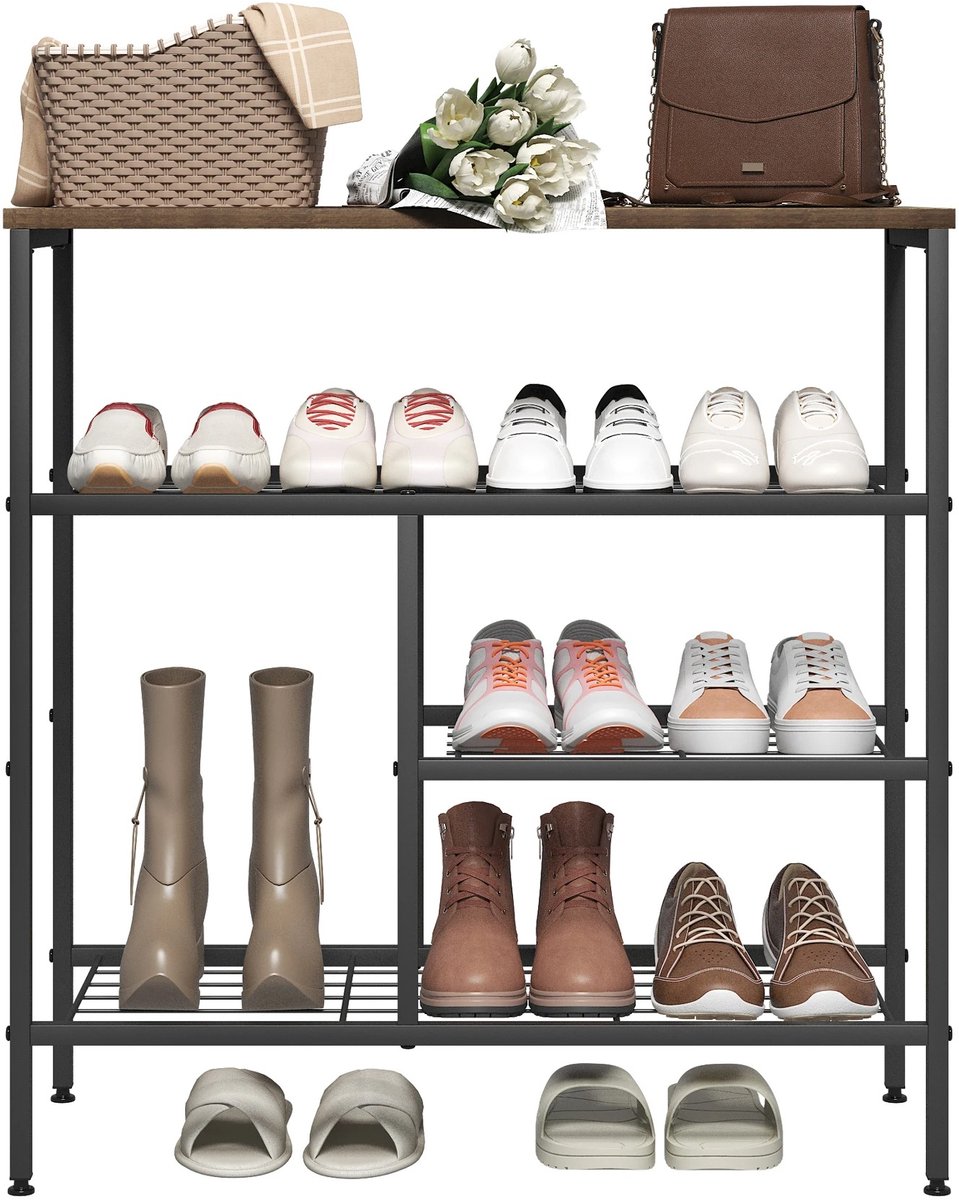 Bealive® Schoenen Rek - Kastje - Multifunctioneel - Compact - Zwart - Hout - Metaal - 4 Niveau's - Opberg systeem - Industrieel - 70 x 71 x 30 CM (6151907088067)