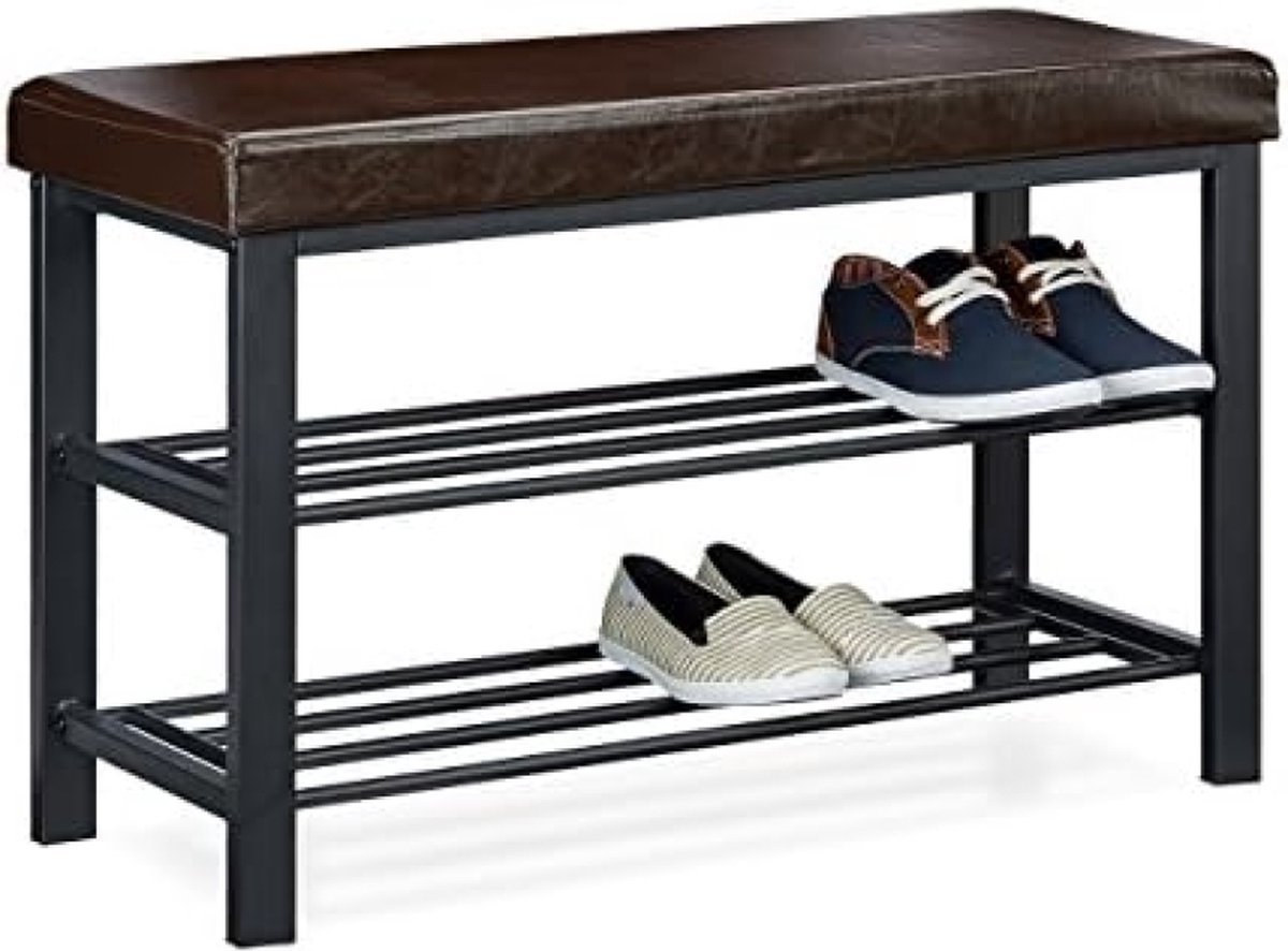 Bruin Schoenenbank met zitkussen, open, 6-8 paar schoenen, schoenenrek metaal, kunstleer, HxBxD 49x81x31 cm (6152819484411)