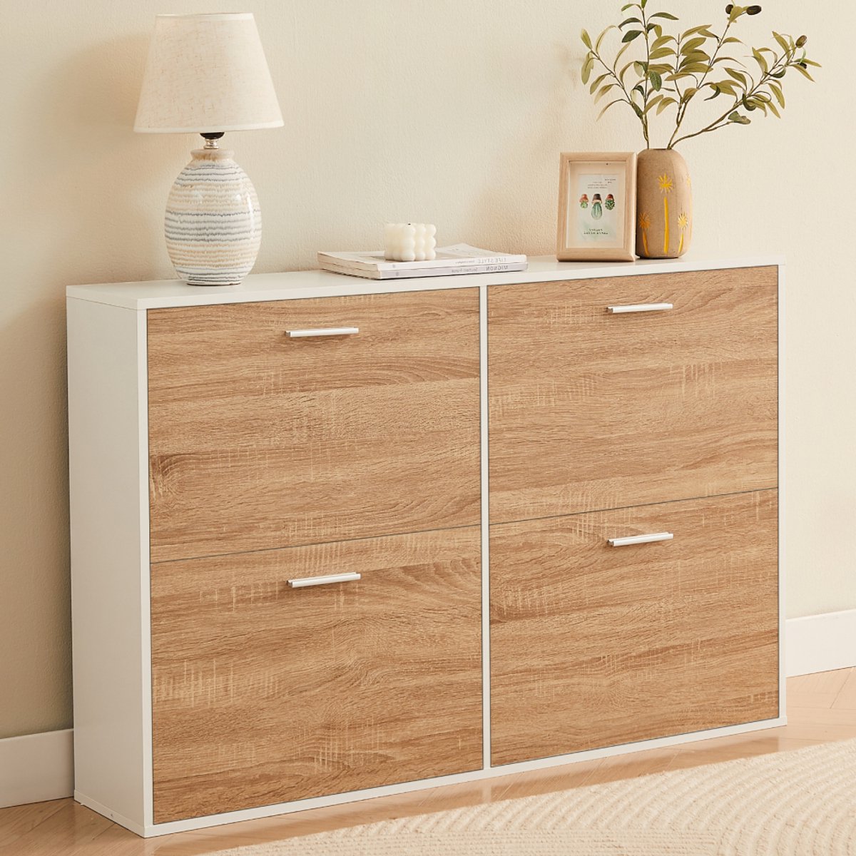 CASABEL Schoenenkast met 4 neerklapbare deuren - Design schoenenkast - Opbergmeubel voor de hal met ruimte voor 24 paar schoenen - Wit frame - Houten neerklapbare deuren (4895267119185)