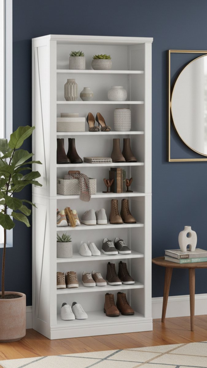 Capri Hoge Schoenenkast met Verstelbare Planken - Vrijstaande Schoenenopberger voor 27-30 Paar - Halmeubel, Woonkamer, Slaapkamer - 62,5 x 30,5 x 181 cm - Wit - House&Garden (9501424357219)