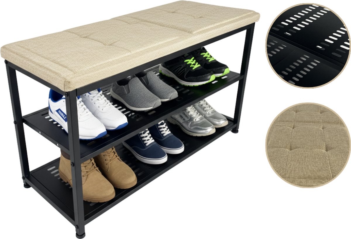 Casayali® ShoeSeat - Schoenenrek voor 8 Paar - Schoenenbank met Zitkussen - Schoenenkast - Beige (8721042800466)