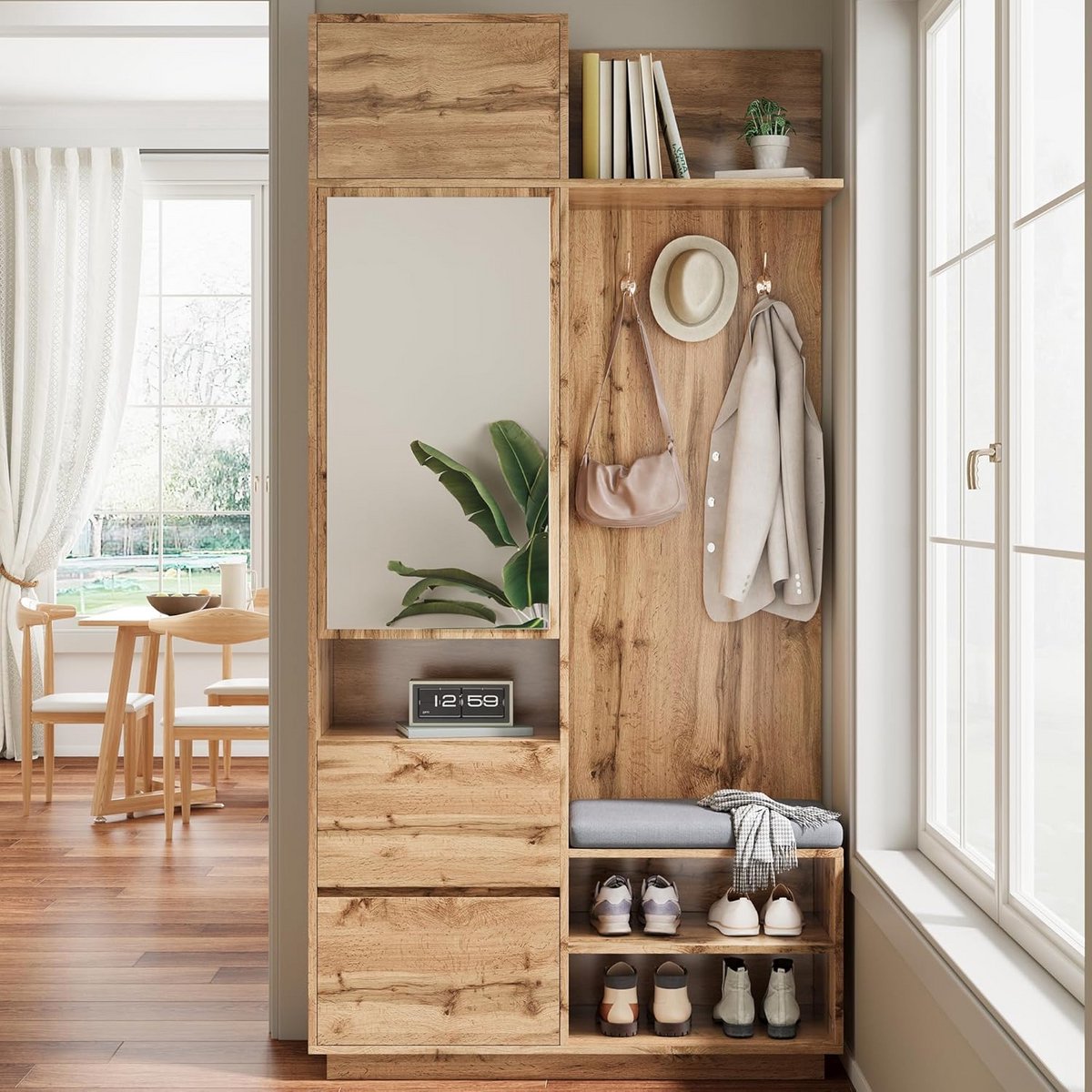 Compacte Kapstok met Spiegel en Bank - 5-in-1 Garderobemeubel met Schoenenkast (9101085835684)