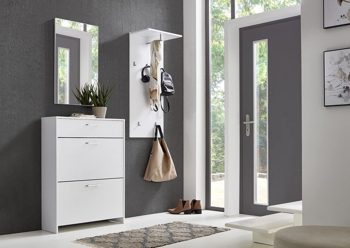 Complete Garderobeset met Kapstokpaneel, Spiegel en Schoenenkast - Hoogglans Wit (9101105581997)