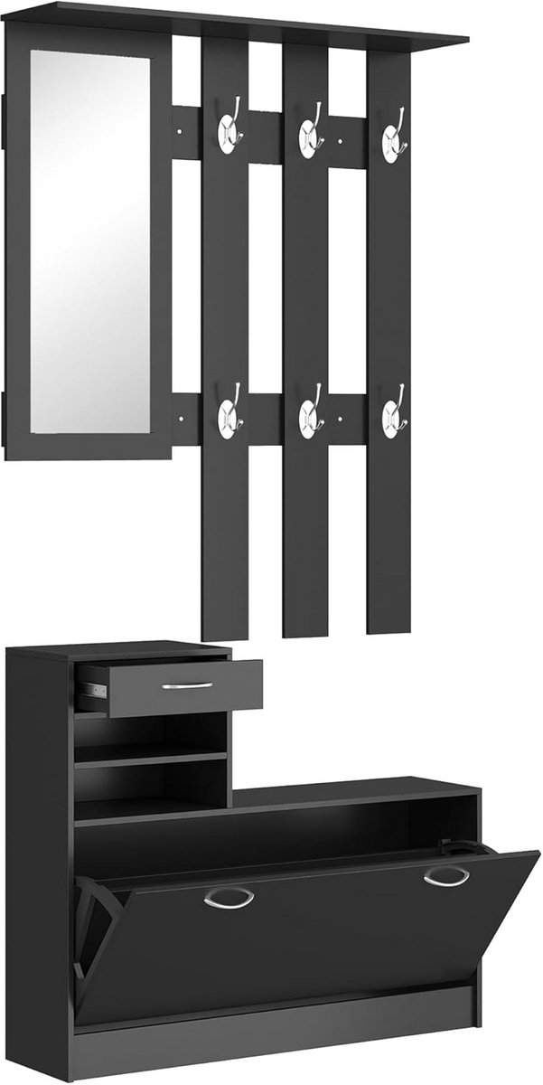 Complete Set Entree Meubels: Kapstok, Schoenenkast en Spiegel in Zwart (9101109011223)