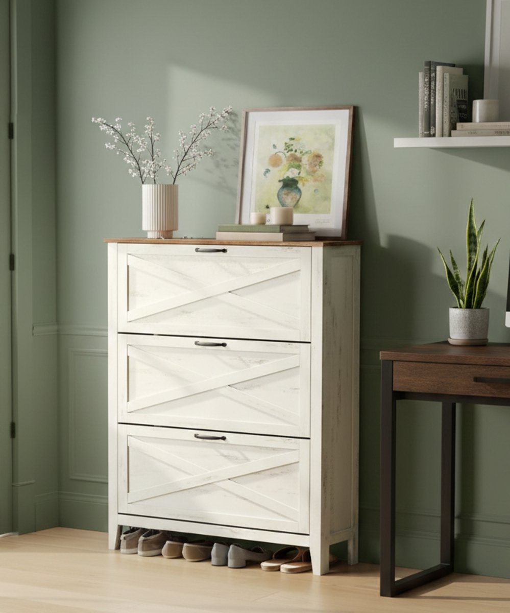 Country Schoenenkast Windsor - Vintage Wit, 3 Kleppen & Vrijstaand Smal Schoenenrek - Landelijke Stijl, Verstelbare Planken voor 18-24 Paar Schoenen - Ruimtebesparend voor Hal, Entree en Gang - House&Garden (9502132113975)