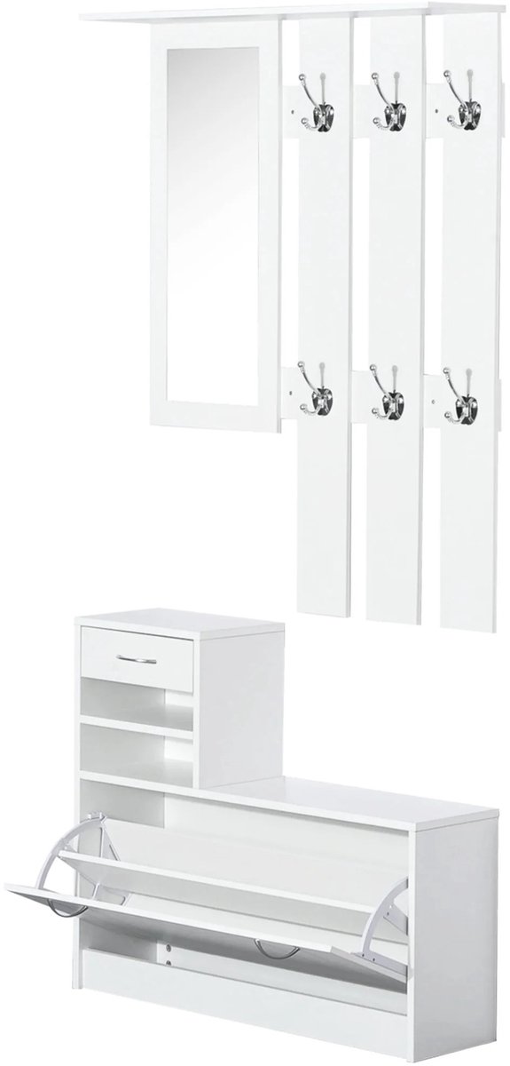 DIMICO - Garderobekast met kapstok - Schoenenkast met spiegel- Gangkast met schoenenrek - 90×10×102 cm - Wit - 3-in-1 haloplossing (6153500578556)