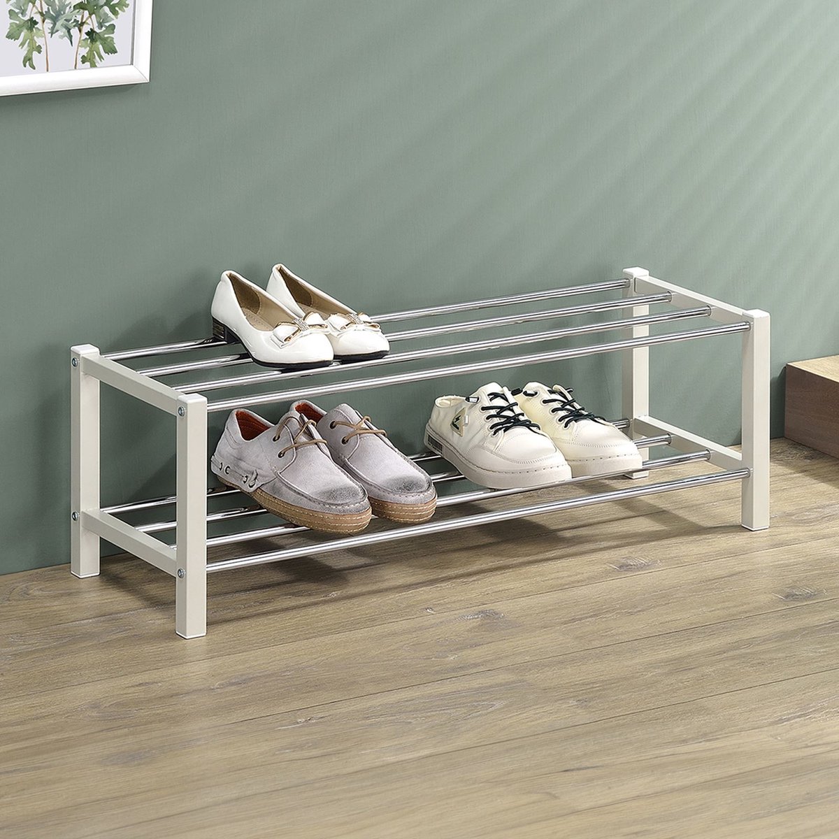 DUBLIN schoenenrek met 2 planken in beige. Robuust metalen rek met elegant verchroomd schoenenrek. Vestibule meubels schoenopbergers, organiser voor de vestibule - hoofdafbeelding (4016787184525)