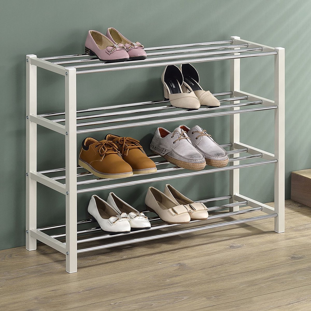 DUBLIN schoenenrek met 4 planken in beige. Robuust metalen rek voor het opbergen van schoenen in de gang. Schoenopberger schoenenrek hal & gang meubels - Hoofd afbeelding (4016787184549)