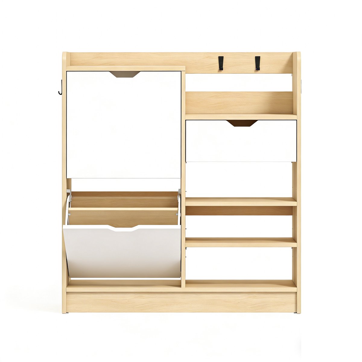 Gang schoenenrek opbergkast dressoir 93x30x90 cm naturel met 2 schuine lades verstelbare planken open planken lade en 4 haken maximaal 14 paar schoenen stevig duurzaam houten frame modern minimalistisch design (4255890964864)