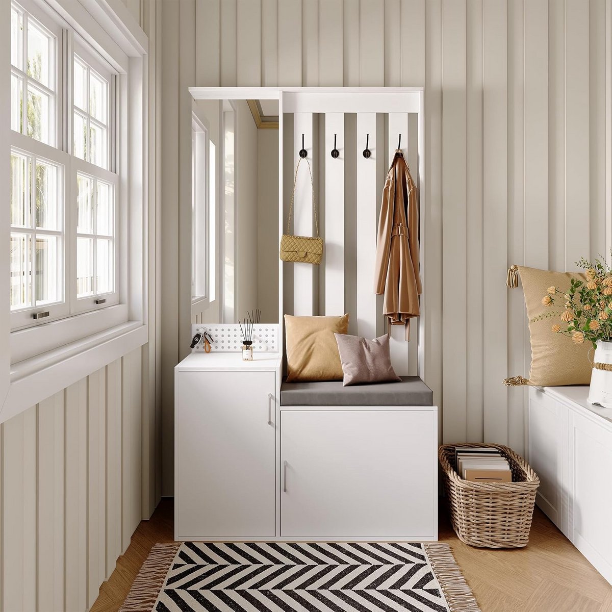 Garderobeset met Spiegel en Zitbank - Compacte Wandgarderobe met Schoenenkast en Kledinghaken (9101083310404)