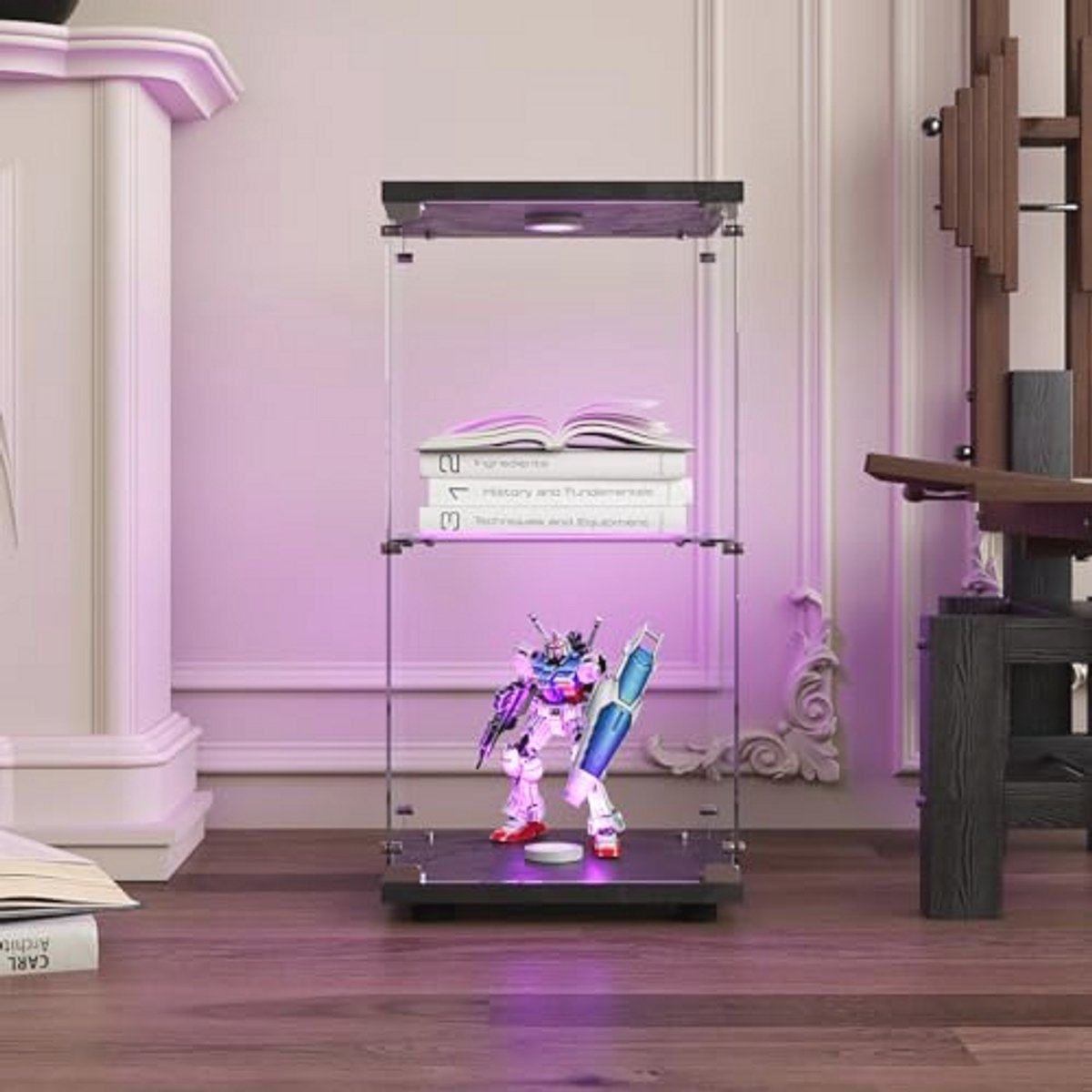 Glazen vitrinekast met ledverlichting en slot - 2 lagen, zwart (9101005557146)