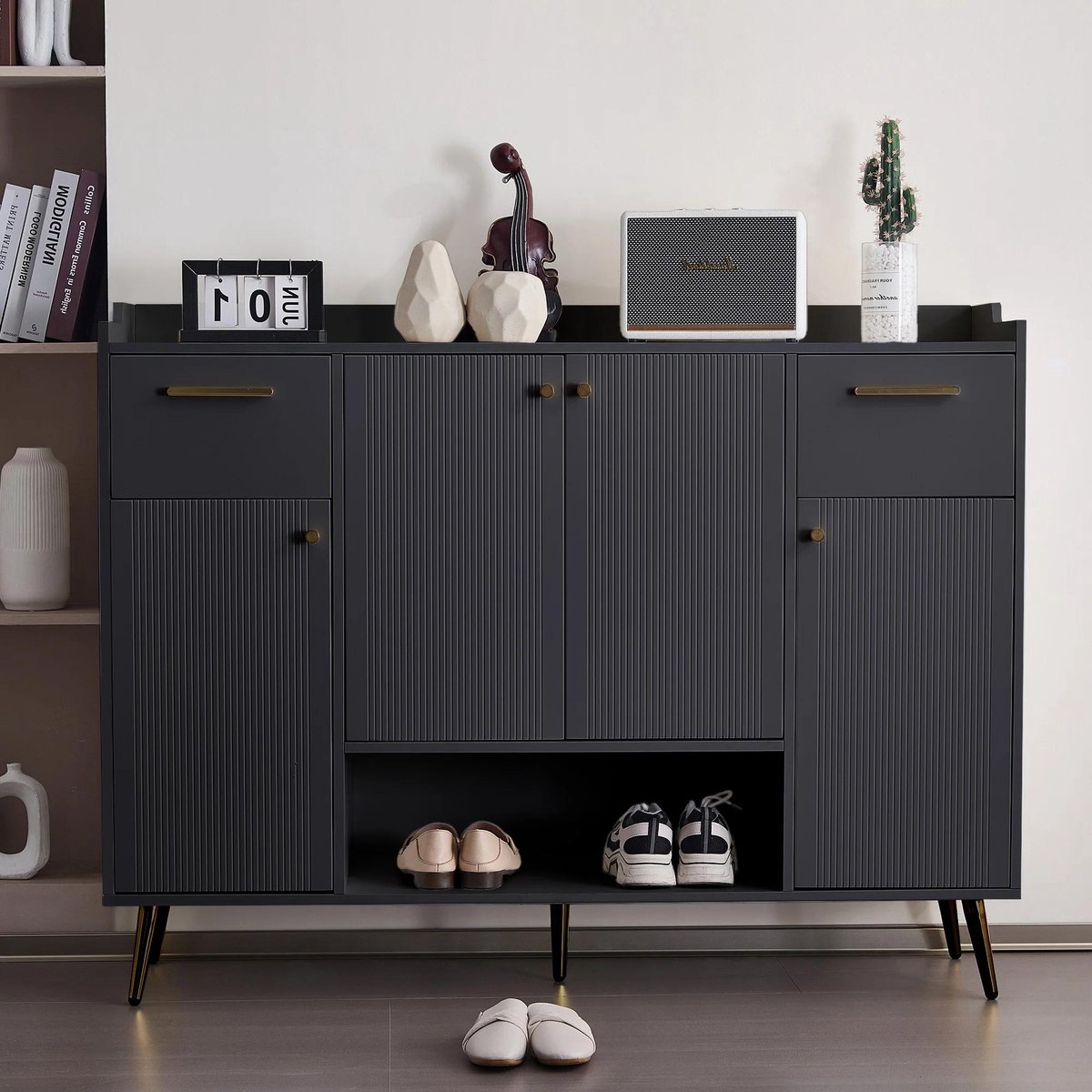 Goodivery - Schoenenkast - Schoenenrek - 2 lades - 4 deuren - Metaal - Vergrendeling - Zwart - Opslag - Geschikt voor Gang - Modern Schoenenkast, schoenenrek met 2 lades en 4 deuren metaal vergoeding W130/W37/H100 zwart - (8721273466783)