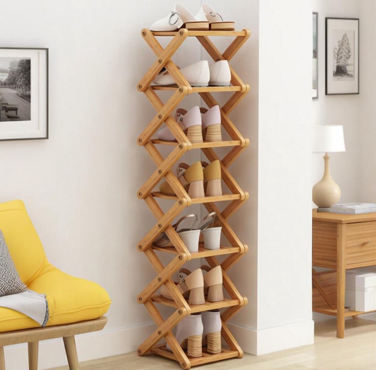 Hearyoo Bamboe Schoenenrek Schoenenkast - 7 Laags Verticaal Schoenenrek - Smalle Schoenenkast voor Hal of Entree (0699346578849)