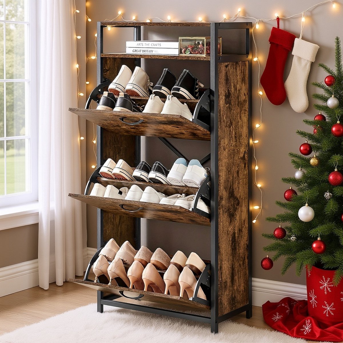 Hoge Schoenen opbergkast met 3 Opklapbare Deuren - Open Plank & Binnenverdeler - Ruimtebesparend - 60 x 30 x 130 cm (5487571961223)