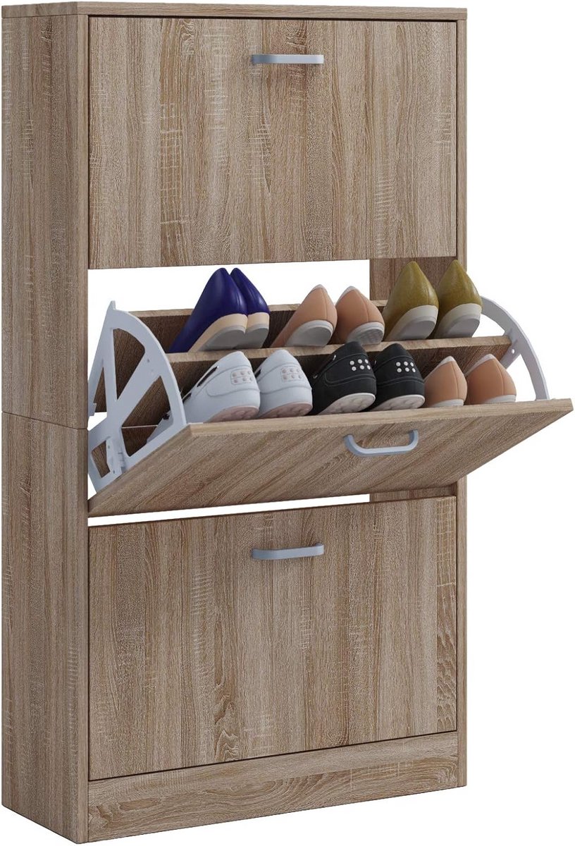 Houten Schoenenkast met 3 Kleppen voor 18 Paren Schoenmaat L Opslag (9101106111506)