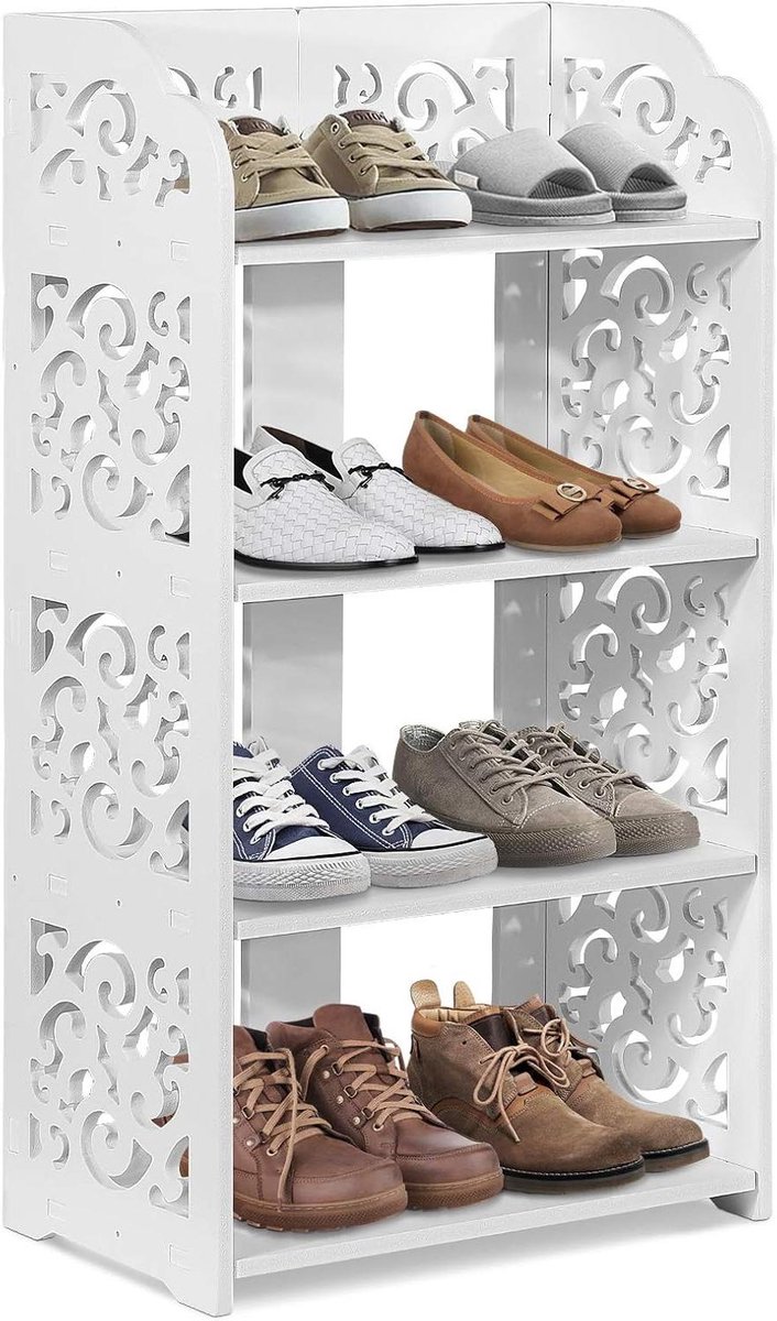 Houten schoenenrek met 4 lagen in wit, ruimtebesparend design voor woonkamer en gang - Stijlvolle opberger met torenplanken - Duurzaam en vrijstaand (8763216302451)