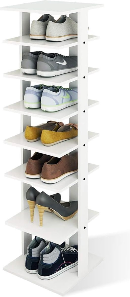 Houten schoenenrek met 7 niveaus, entree schoenen opslag standaard, 27,5 x 26,5 x 110 cm, moderne schoenrek organisator, ruimtebesparende verticaal schoenrek, opslagplank (Wit) (6096055033098)