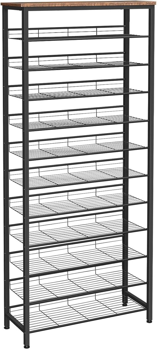 Imperatoris - Schoenenrek Hoog - Schoenenopbergorganizer met Grote Capaciteit - Schoenenrek met 12 Niveaus voor 44-55 Paar Schoenen - Verstelbare Metalen Planken - Schoenenopbergunit - 75 x 28.5 x 194.5 cm - Rustiek Bruin/Zwart (8721382405772)