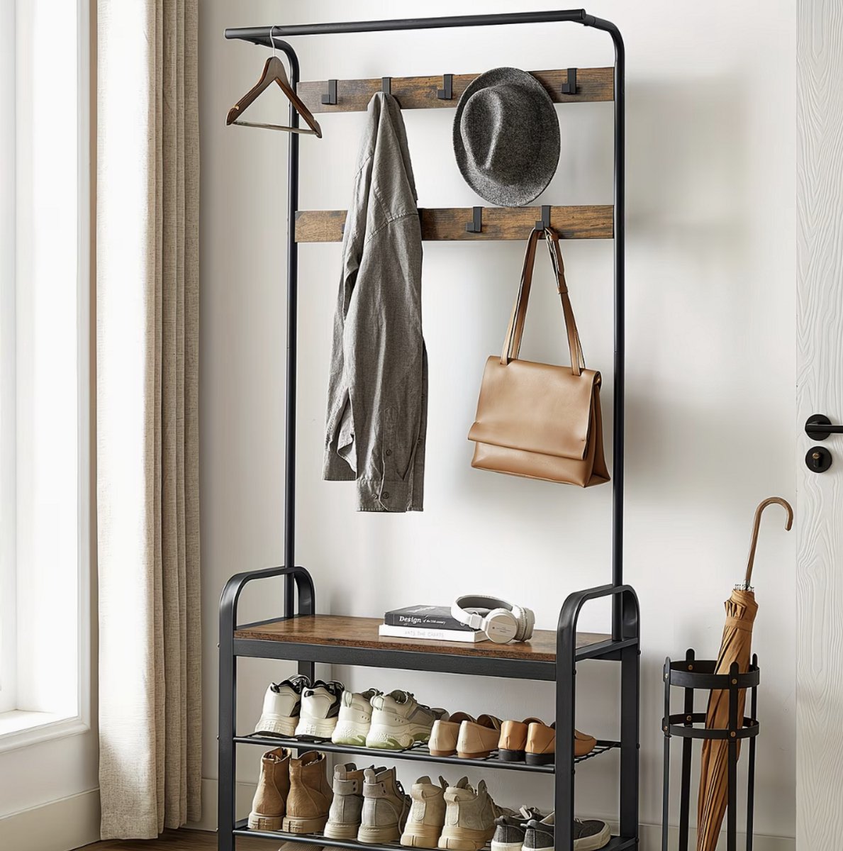 Industriële 4-in-1 Kapstok met Schoenenbank - Metaal Frame & Houten Planken, 9 Verwijderbare Haken - Vrijstaande Hal Organizer met Schoenenrek - 33,7 x 84 x 183 cm - Voor Hal & Entree (9506843528226)