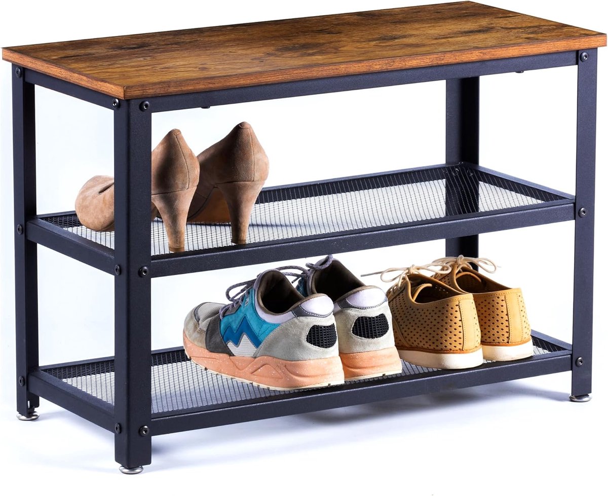 Industriële Schoenenrek met Opbergbank | Organiseer tot 6 paar Schoenen | Verstelbare Pootjes | 65 x 30 x 45 cm (6151829860802)