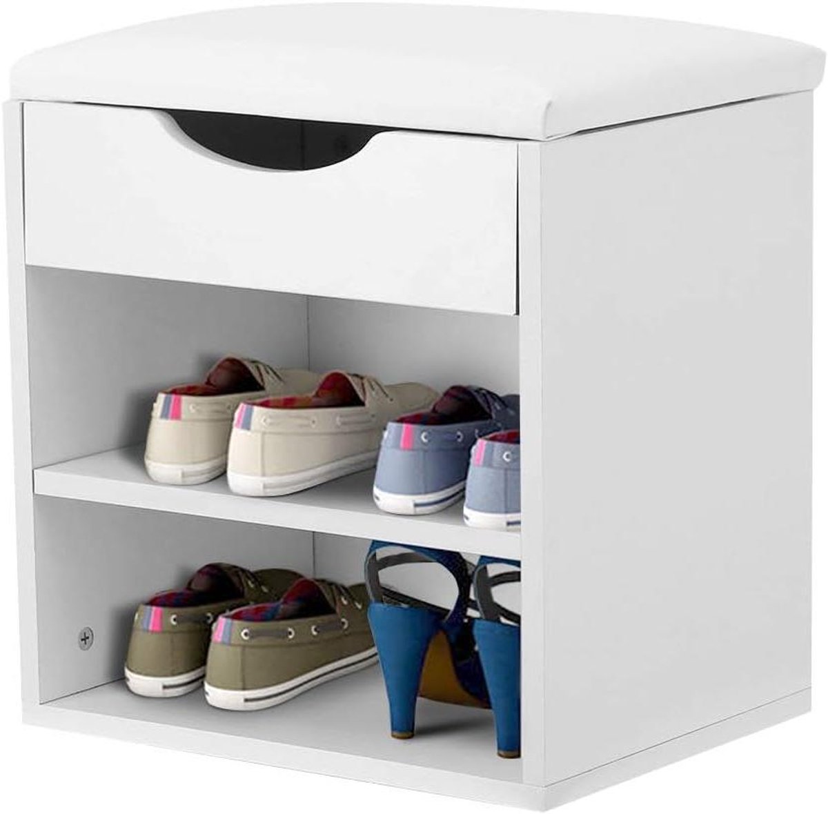 JGS Premium - Schoenenbank met opbergruimte en PU-zitkussen in wit - Schoenenrek met laden - Opbergkruk voor schoenen - 405 x 302 x 42 cm - Ruime opbergmogelijkheden (8721298120424)