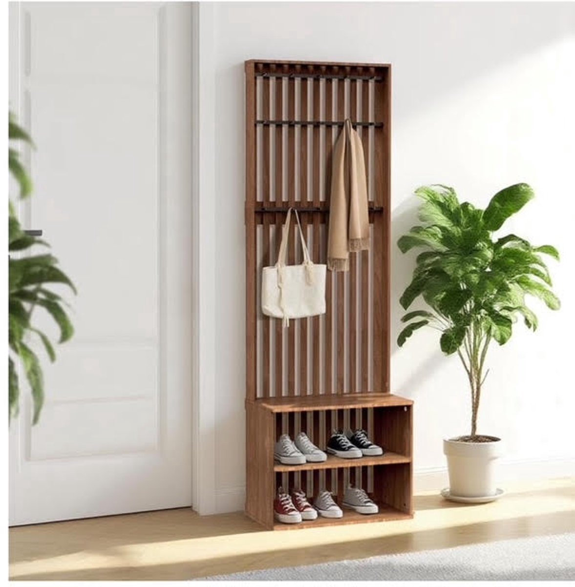 Japandi Kapstok met Schoenenrek - Walnoot | 60 × 30 × 180 cm (6153332734786)