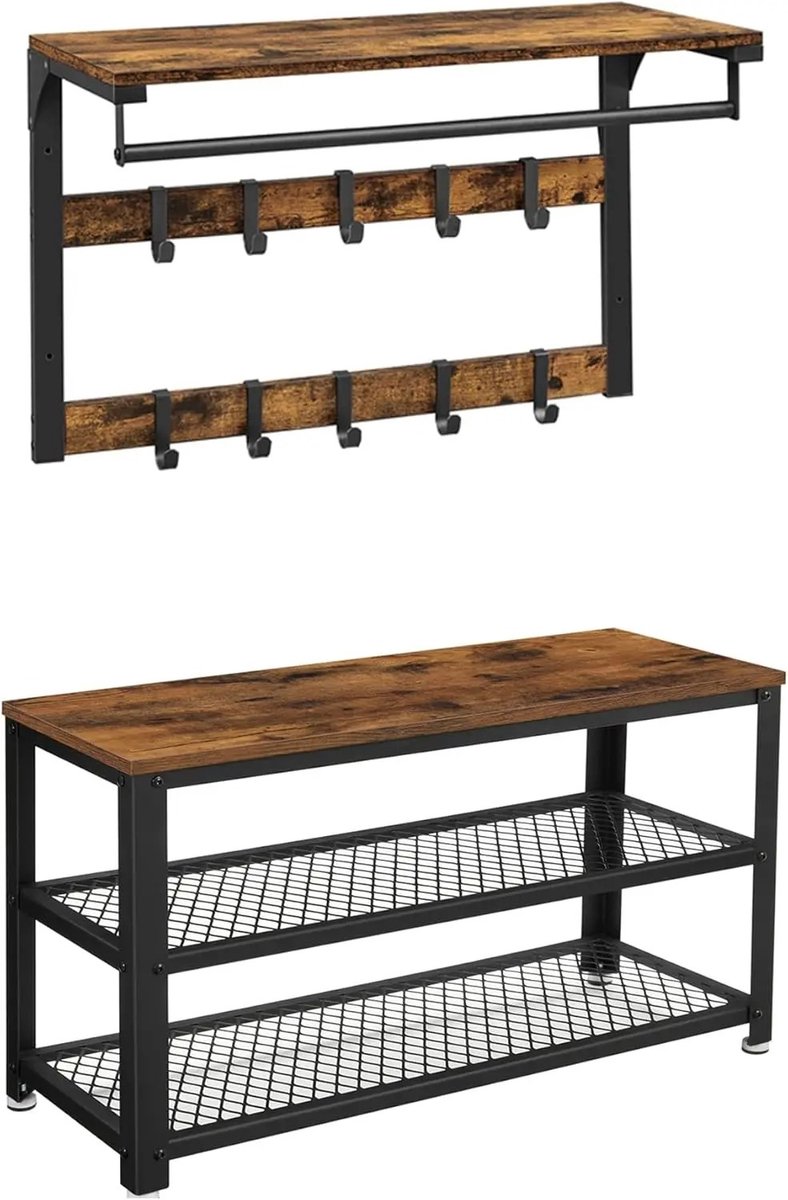 Kapstok - Garderoberek - Halmeubel - Schoenenbank - Set van 2 - Schoenenbank met Zitting - 9 Haken - Donkerbruin (8721472113136)
