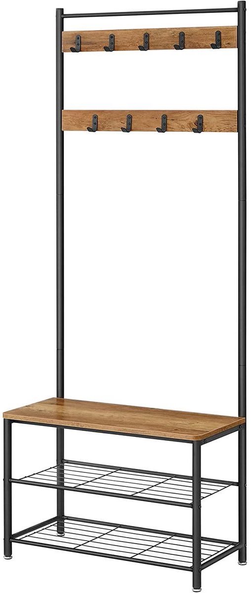 Kapstok Halmeubel 32 x 70 x 177 cm Naturel Zwart Metaal Voor Gang Slaapkamer Met Schoenenbank Dubbel Metalen Schoenenrek 9 Afneembare Haken Industrieel Design Stevig Duurzaam Frame (4255890939923)