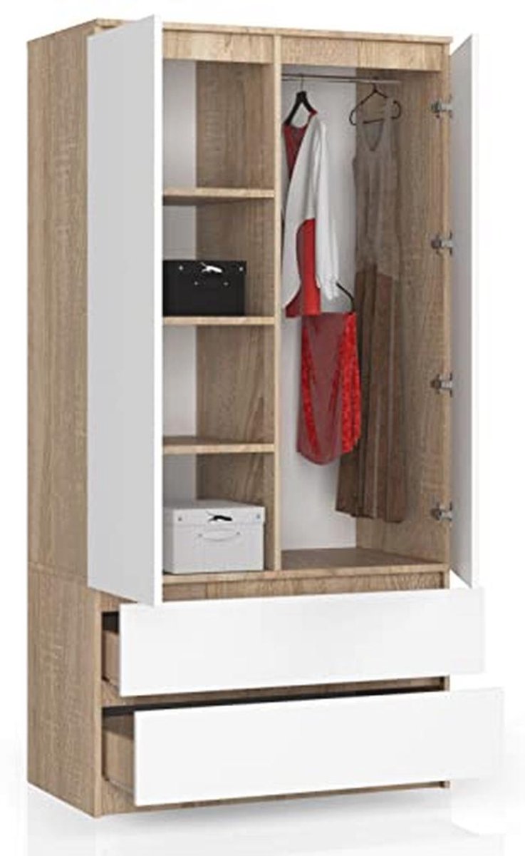 Kledingkast met 2 Deuren, 4 Planken, 2 Lades en Hangers voor Slaapkamer of Woonkamer (9101003302403)
