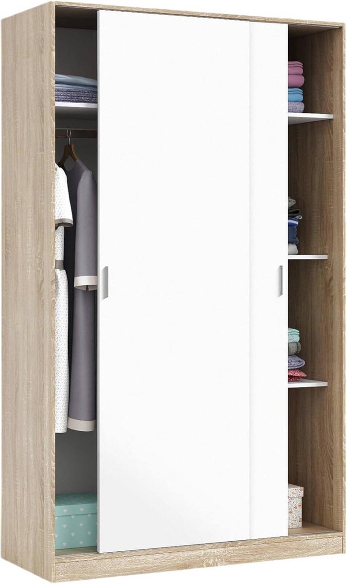 Kledingkast met Schuifdeuren - Wit en Eikenhout - 120x200x50 cm - Ruime Opbergkast (9101052414768)