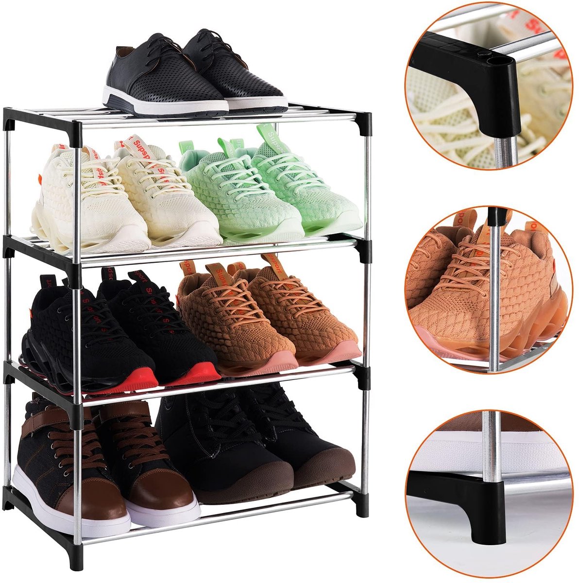 Klein stapelbaar schoenenrek met 4 niveaus, lichtgewicht opbergplank voor hal, gang en kast (Zwart) (8721525515115)