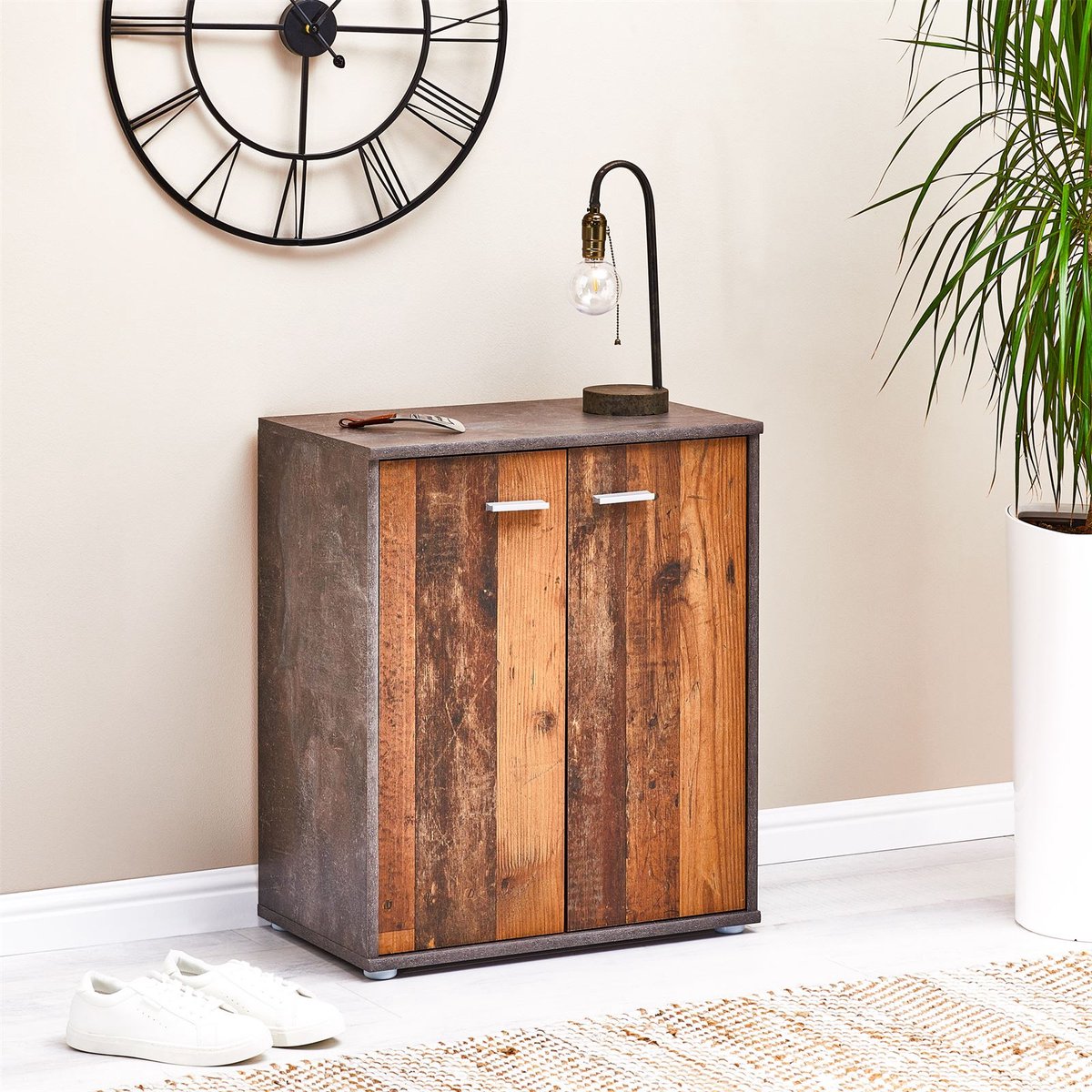 LENNIS schoenenkast met 2 deuren in donkere betonlook met deuren in oude stijl (4055641954706)