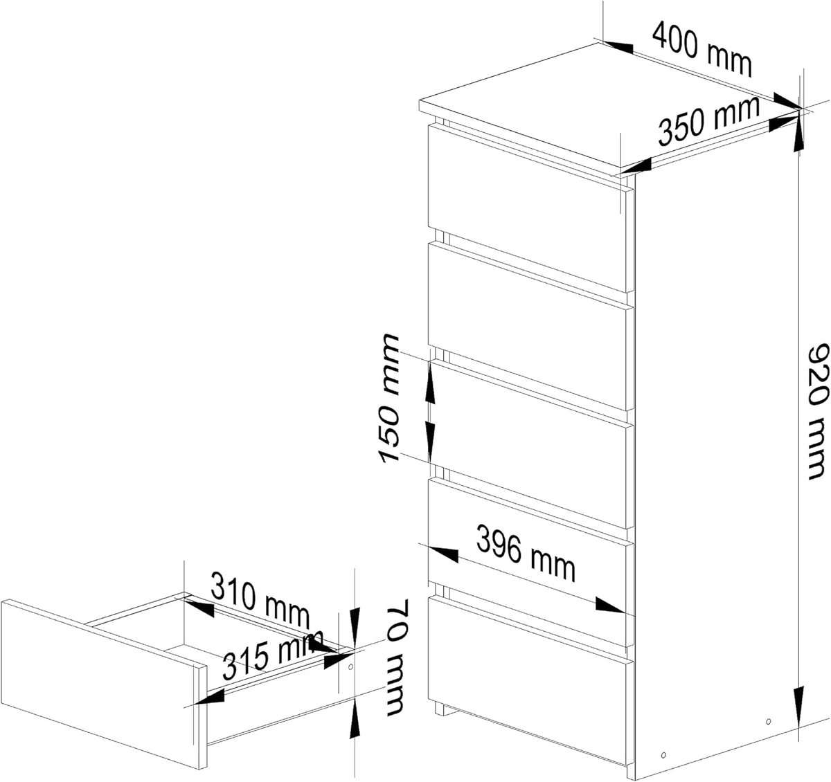 Ladekast met 5 Lades 40 cm Breed - Stijlvolle Opbergkast voor Woonkamer en Slaapkamer (9101097655102)