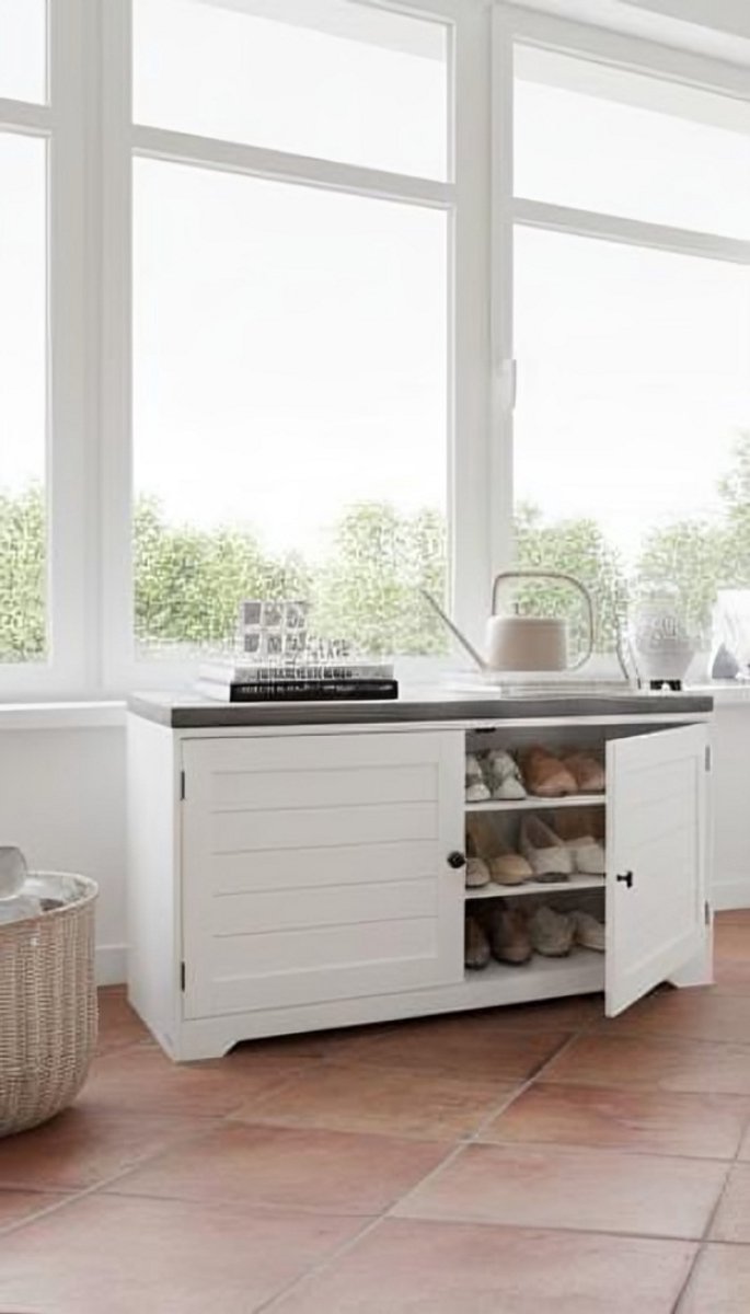 Luxe Schoenenbank met Zitkussen en Deuren - Schoenenkast met Opbergruimte, 3 Niveaus & Verstelbare Planken - Halbank Modern Wit/Grijs 101 x 35,5 x 52,5 cm House&Garden (9502856644625)