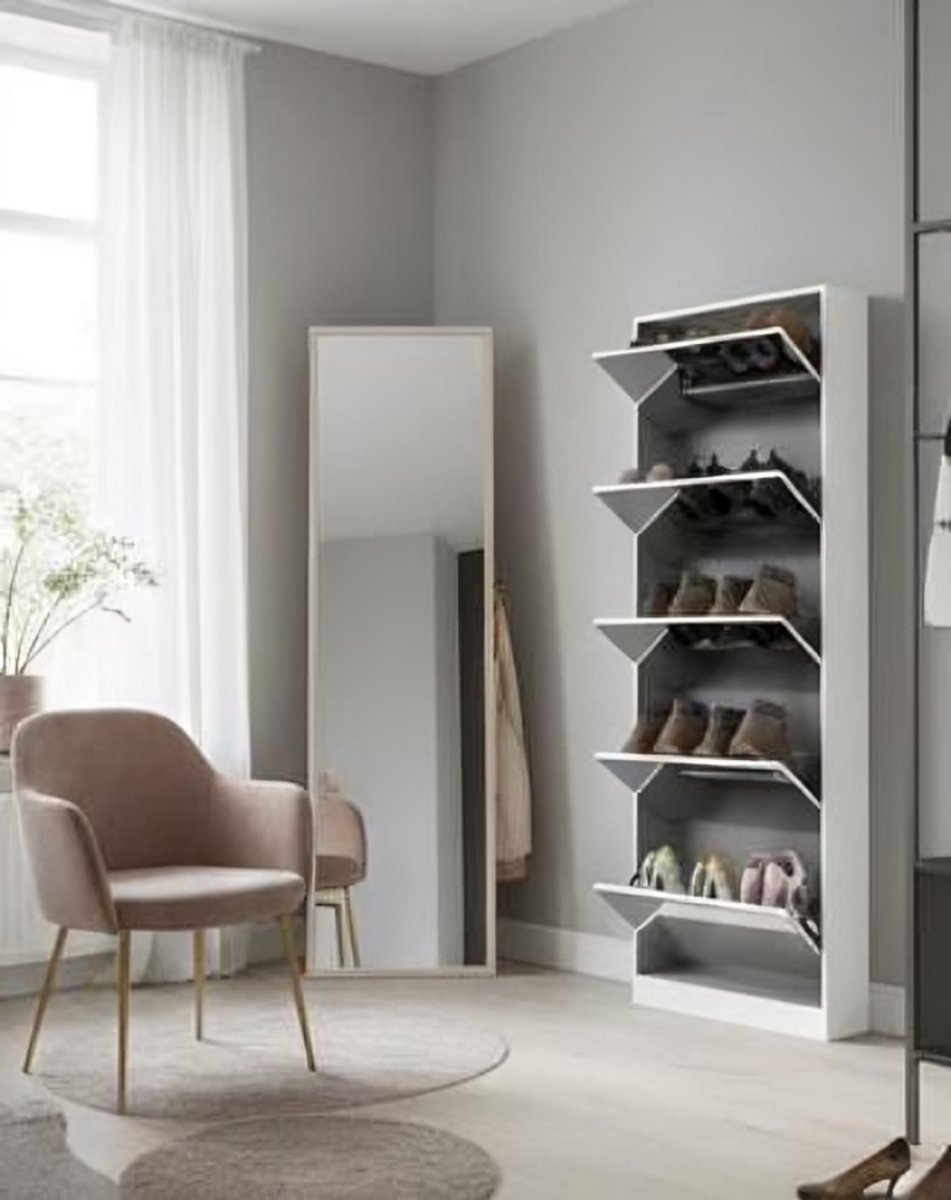 LuxeLine Spiegel Schoenenkast met 185 cm Passpiegel en 5 Flip-lades - Smalle Vrijstaande Schoenenkast voor 30 Paar - Wit | House&Garden (9507139595274)