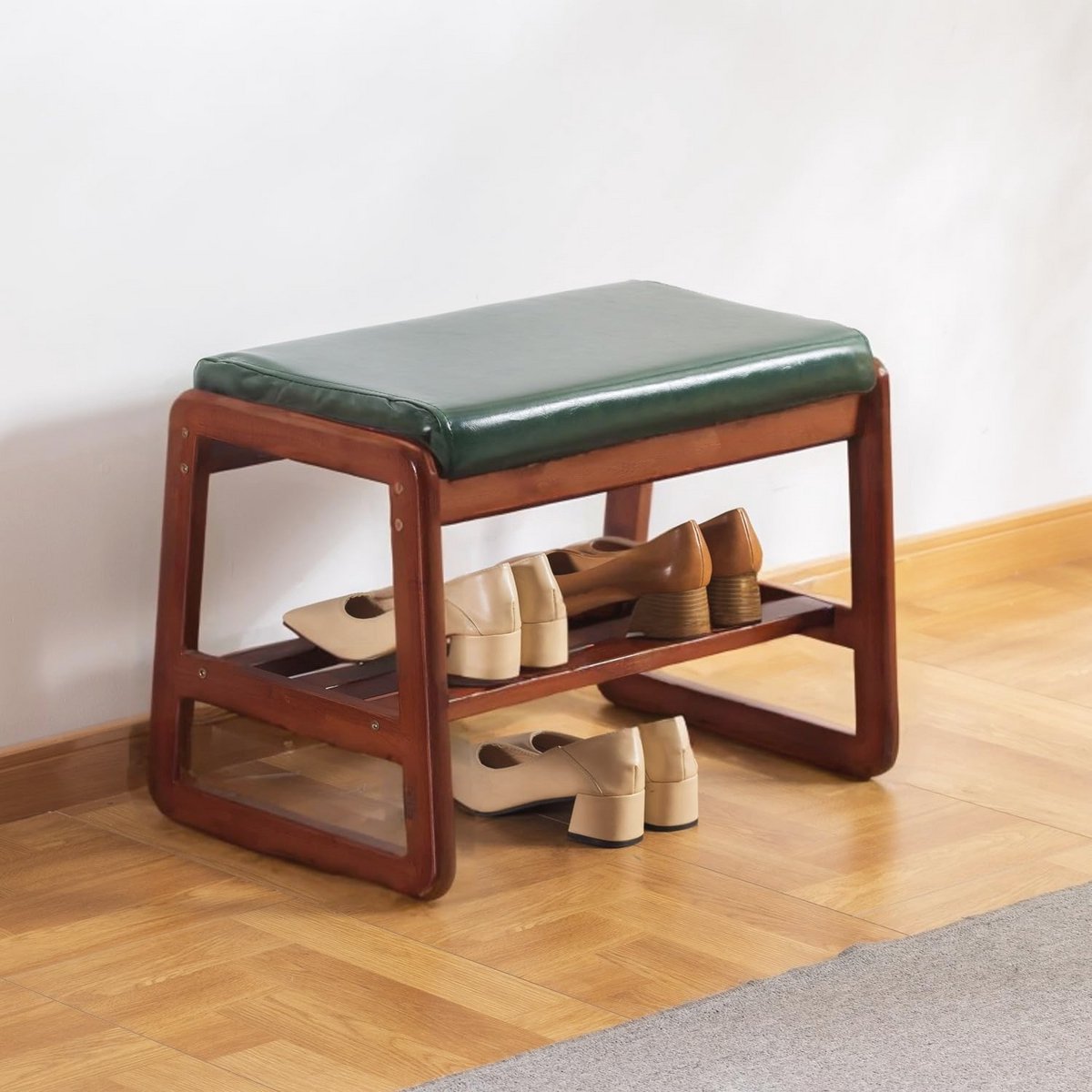 Massief houten schoenenbank met kussen - 2-laags opbergbank voor entree en hal - Groen, 65 cm (9101018076030)