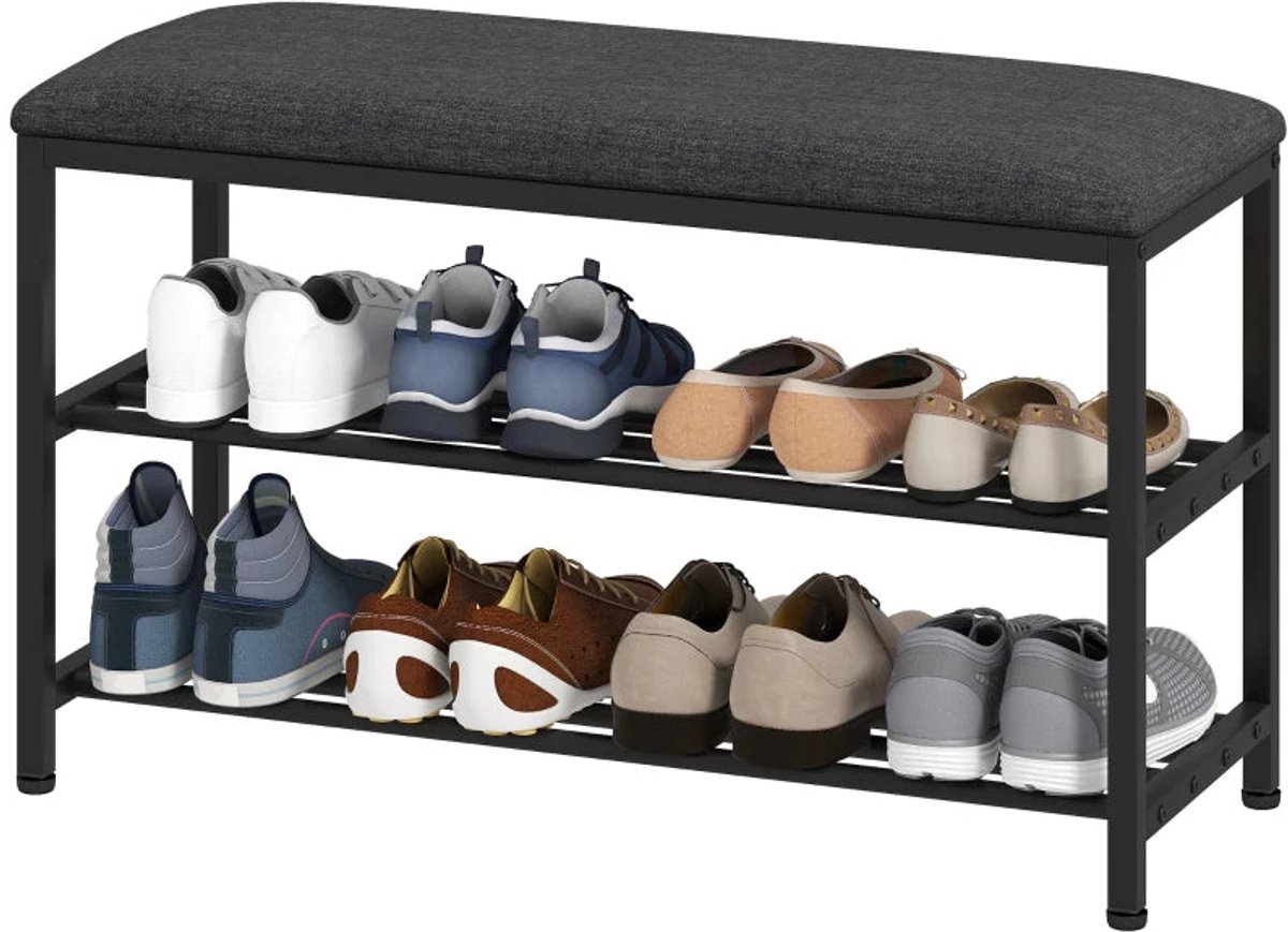Merax Schoenenbank Met Zitkussen - Metalen Schoenrek Met Opbergruimte - 2 Open Schoenlagen - Zitbank Voor Hal Entree En Gang - Belastbaar Tot 150 Kg - Zwart - 81 X 31 X 50 Cm (8721178487081)
