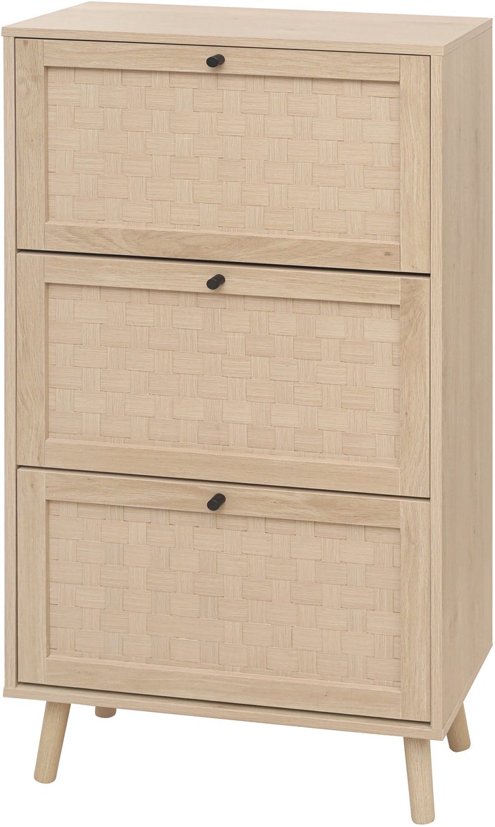 Merax Schoenenkast 60x24x121 cm - 3 Kleppen - Smalle Schoenenkast voor Hal en Gang - Boho Design - Natuurlijke Houtlook (8721178487975)