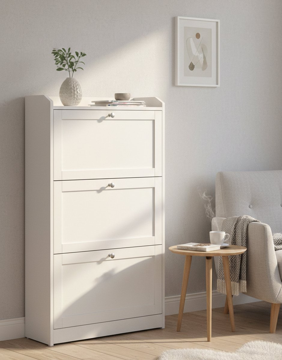 Modena Schoenenkast met 3 Kleppen - Ruim Schoenenrek voor Maximaal 18 Paar Schoenen - Verstelbare Scheidingswand & Bovenplaat - Compacte Hal- & Garderobekast Wolkenwit 24 x 60 x 108 cm - House&Garden (9501567465512)