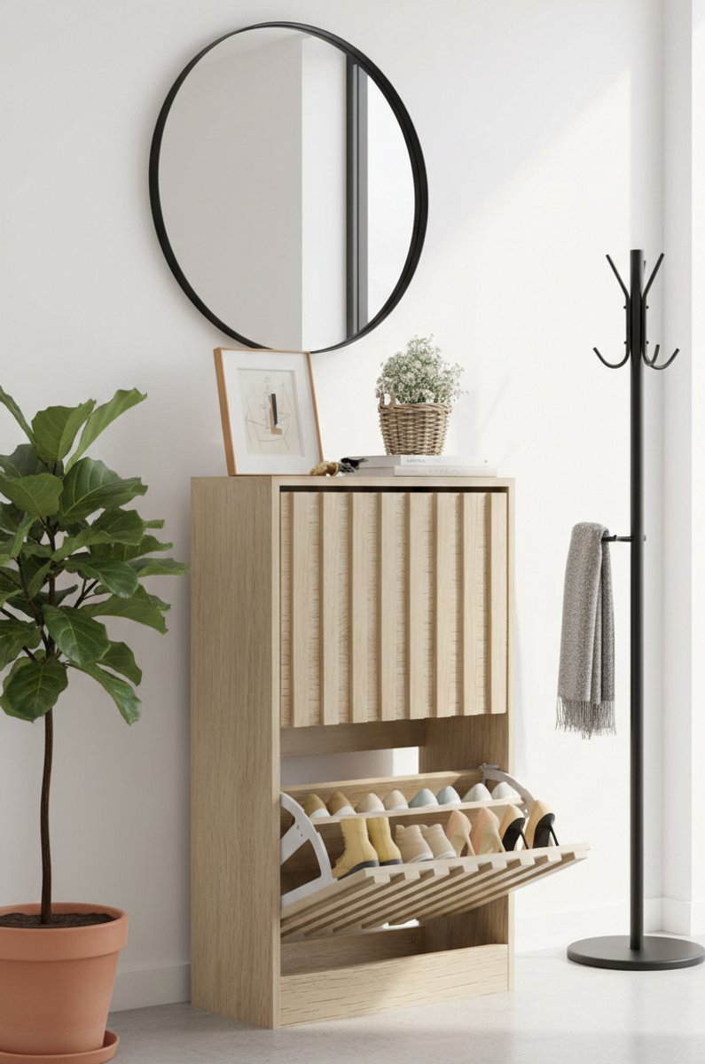 Modena Slimme Schoenenkast met 2 Kleppen - Smalle Hal Schoenenopberger met Kantelbeveiliging, Verstelbare Vakken & Modern Houtdesign - 24 x 52 x 86,5 cm (9501514818354)