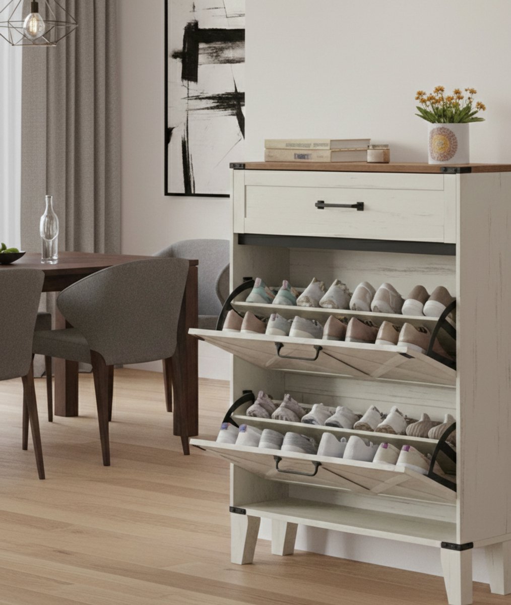 Modena Smalle Schoenenkast met 2 Kleppen en 1 Grote Lade - Verstelbaar Schoenenrek voor 16 Paar Schoenen - Compacte Hal- & Garderobekast Bruin/Wit - 24 x 76 x 117 cm - House&Garden (9506627642742)