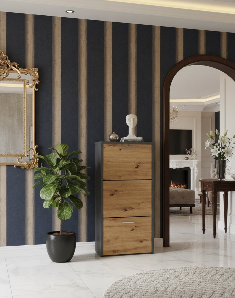 Modern Schoenenrek Siena - 3 Kleppen Opbergruimte voor Maximaal 18 Paar Schoenen - Antraciet/Artisan Eiken - Smalle Schoenenkast met Handgrepen - Opbergmeubel Modern & Duurzaam,MedaHomeStore (9506958182290)